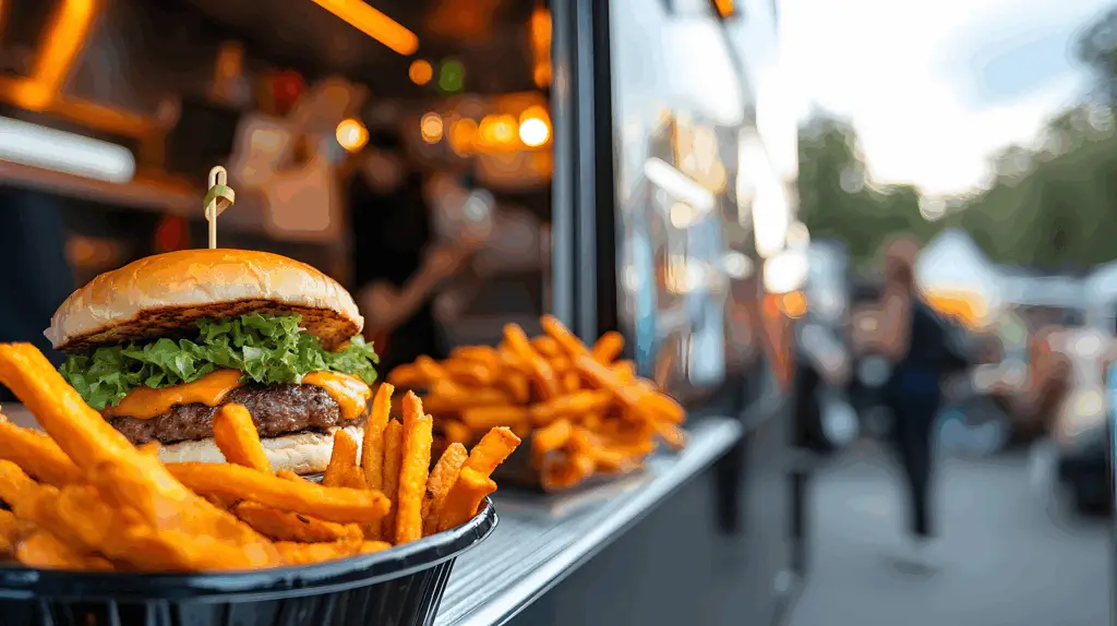 Ein leckerer Burger mit Patty , Salat und Soße steht mit Süßkartoffeln auf der Theke eines Foodtrailers.