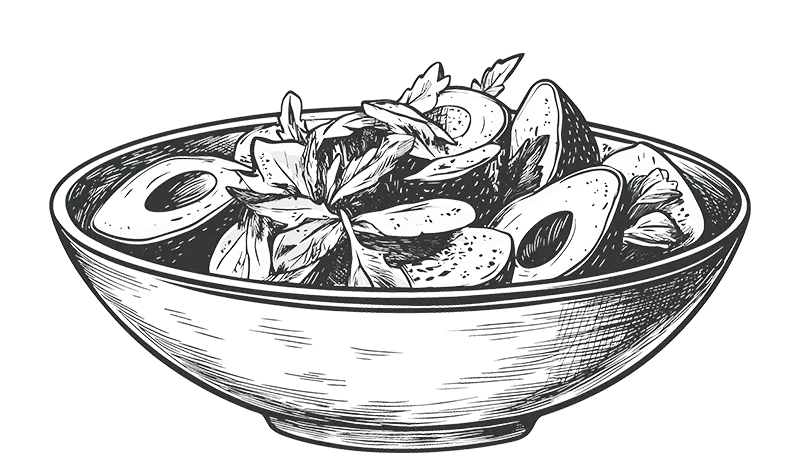 Skizzengrafik von einer gesunden Bowl mit Avocado.